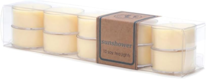 ECO CANDLE CO. Tea Light Candles, Sunshower, 10-Pack - Scents of Citrus & Musk - Recyclable Plastic Cups, 100% Soy Wax, No Lead, Hand Poured, Made from Midwest Grown Soybeans, .6 oz. Each
