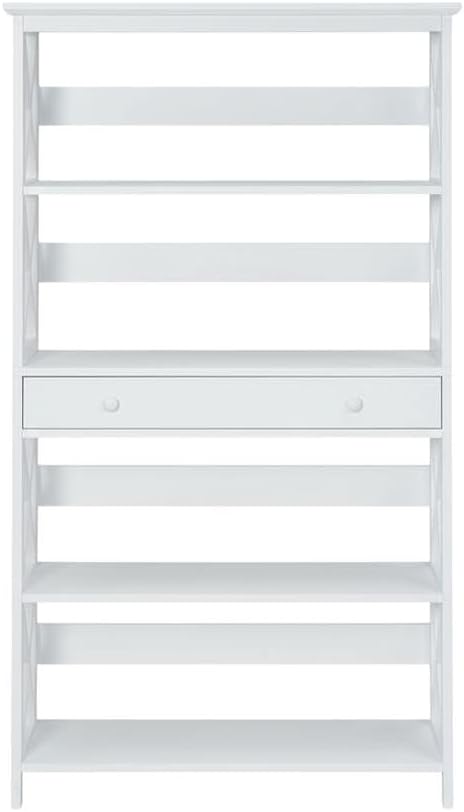 Furnifact White 5 Tier Bookcase with Drawer, Durable Particle Board, Non-Lead Base Paint Finish, Spacious Shelves, Modern Home Office Storage