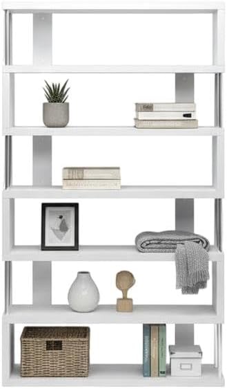 Furnifact White Six-Shelf Modern Bookcase with Engineered Wood, Transitional Style, Durable Construction, Spacious Storage for Living Room or Office