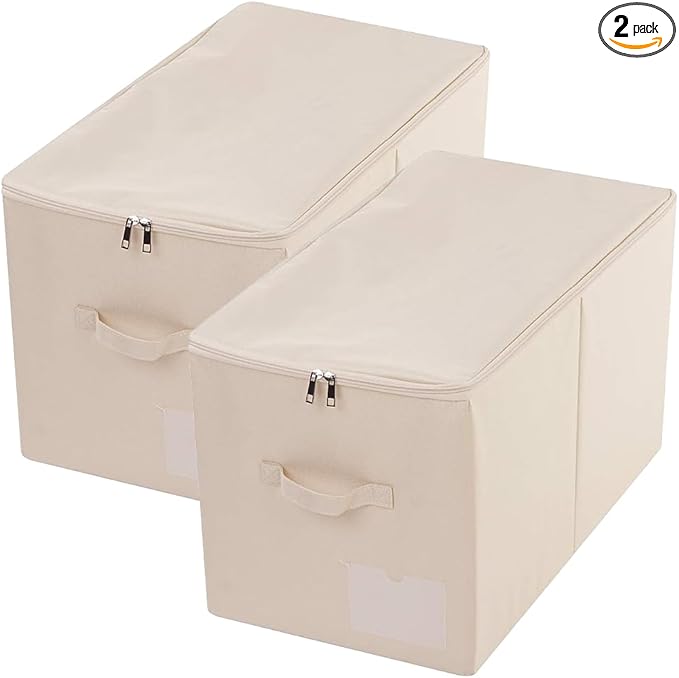 iwill CREATE PRO Pack of 2, Zip Lidded Wardrobe Storage Bins,Collapsible Fabric Storage Boxes for Clothing, Bedding, Toys, Blankets Organizer, Foldable & Washable, Beige