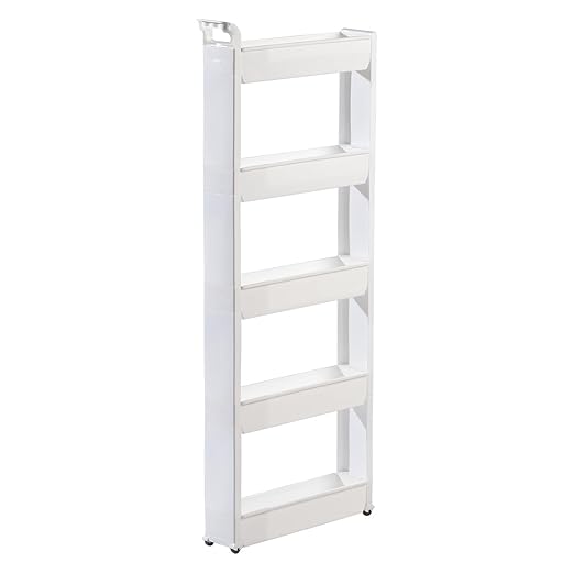 Miles Kimball 5 Tier Slim Cart, White, Durable Plastic, Easy Assembly, Holds Up to 6.5 lbs