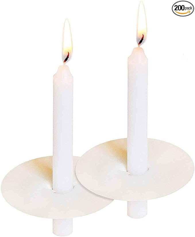 200 White Church Candles with Drip Protectors for Devotional Candlelight Vigil Service, Box of 200 Candles, Unscented White 5" H X 1/2" D, No Smoke
