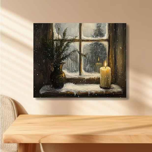 Cozy Winter Window with Candle & Evergreen Paint by Numbers for Adults, Snowy Night DIY Painting Kit, Warm Home Decor 24 Colors 20x24 inch Framed