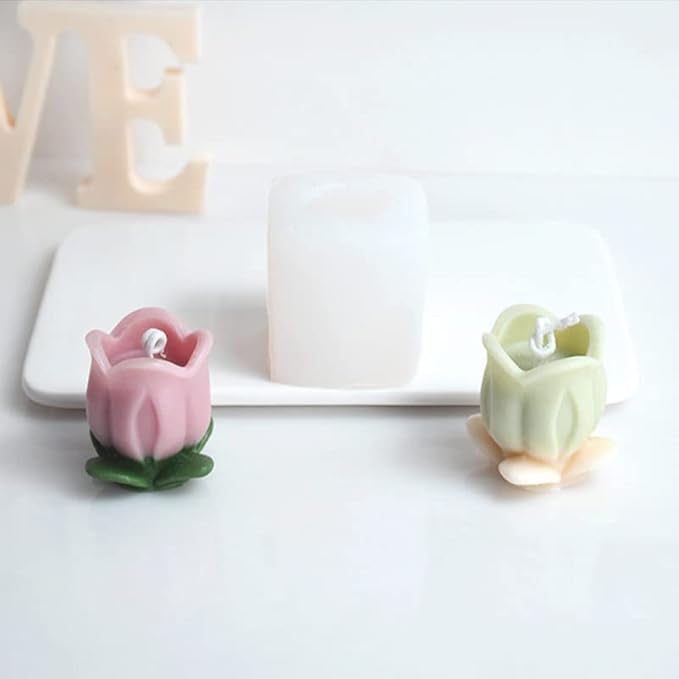 Cestony 2Pcs 3D Tulip with Leaves Candle Silicone Molds for Making Candle Resin Pillar Aromatherapy Gypsum Candles Wax Soap Flower Specimen Clay Craft