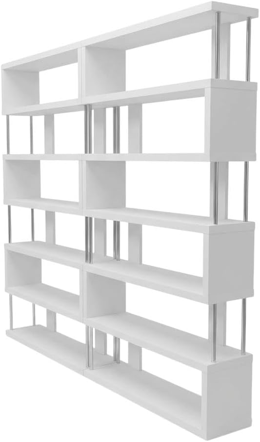 Furnifact White Six-Shelf Modern Bookcase with Engineered Wood, Transitional Style, Durable Construction, Spacious Storage for Living Room or Office