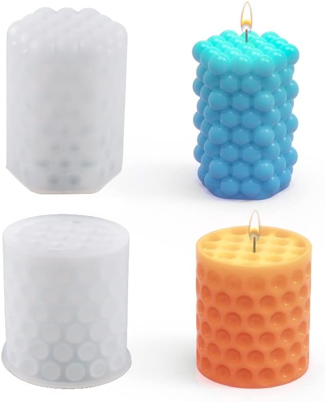 2Pcs 3D Bubble Candle Molds, Silicone Cylinder & Cube Molds for DIY Candle & Soap Craft Making