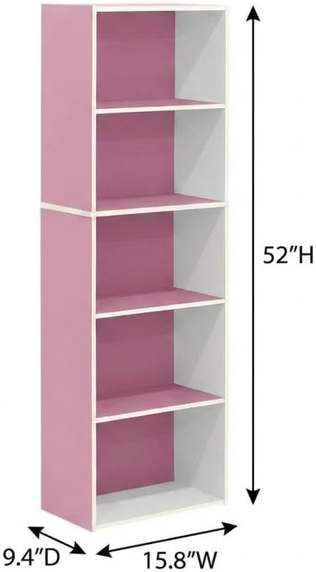 Furnifact White and Pink 5-Tier Reversible Color Open Shelf Bookcase, Durable Storage Organizer, Modern Design, Versatile, Easy Assembly
