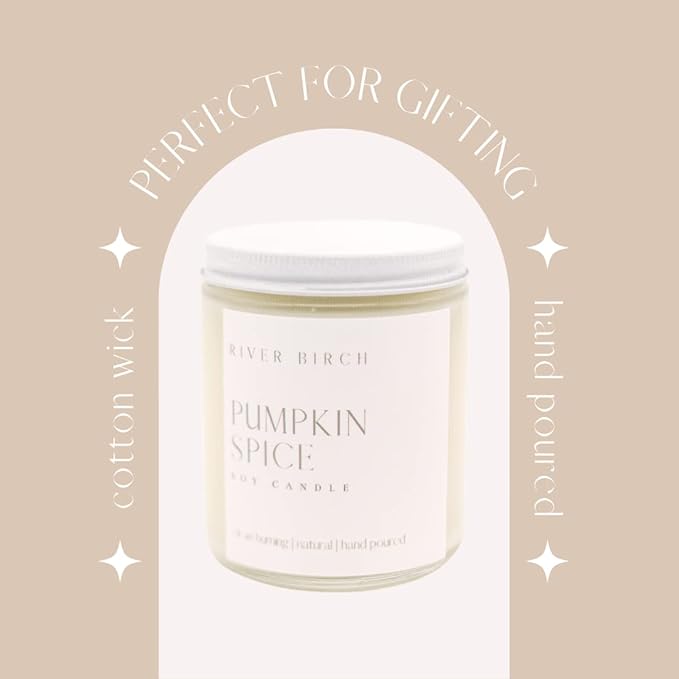 River Birch Candles Pumpkin Spice Scented Candle | Premium, All-Natural, Non-Toxic, Soy Candles | 8.5oz 40 Hr Burn Time | Cozy Relaxing Gifts for Home