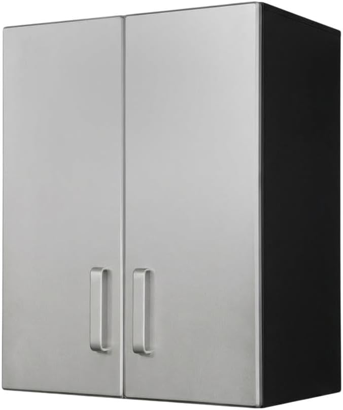 Furnifact Black Metal Two Door Overhead Cabinet with Silver Metallic Fronts, Heavy Duty Steel Wall Mount Storage for Garage Office Workshop