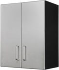 Furnifact Black Metal Two Door Overhead Cabinet with Silver Metallic Fronts, Heavy Duty Steel Wall Mount Storage for Garage Office Workshop