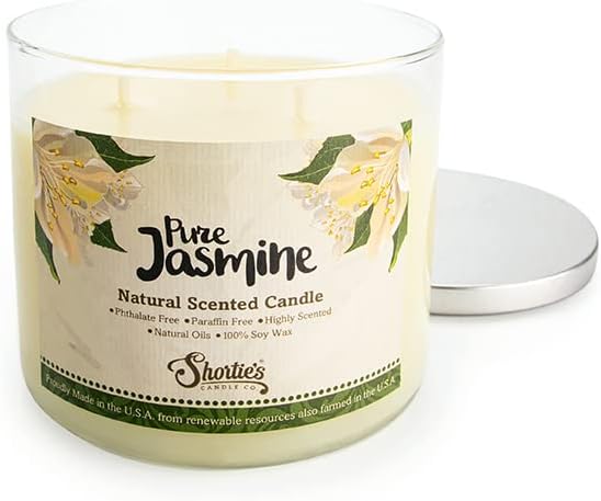 Pure Jasmine Highly Scented Natural 3 Wick Candle, Essential Fragrance Oils, 100% Soy, Phthalate & Paraben Free, Clean Burning, 14.5 Oz.