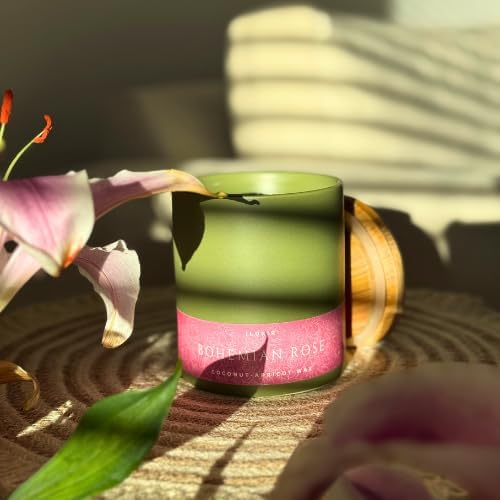 Bohemian Rose Scented Candle - Fresh Rose Magnolia Patchouli - Natural Coconut Wax - Long-Lasting Eco-Friendly Non-Toxic Aroma for Home Office Relaxation Gifting Décor (13 oz. with Bamboo Lid)