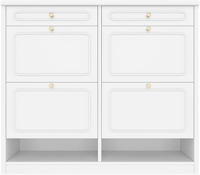 Wooden Shoe Cabinet with 4 Flip Drawers 2 Storage Drawers Farmhouse Style Shoe Organizer for Classified Storage Black (Light White)