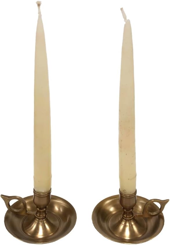 Antique Brass Brighton Bun Chamberstick Set, Portable Travel Candle Holder, 3.75 Inch Wide, 2.5 Inch Tall, 2-Piece Set