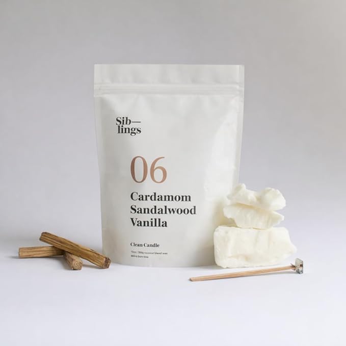 Siblings Candle Refill Kit – DIY Coconut Soy Wax Candle Making Kit for Reusable Vessels – Non-Toxic Clean Burn, Wooden Wick – Scent No 06: Cardamom, Sandalwood, Vanilla – 60 Hour Burn