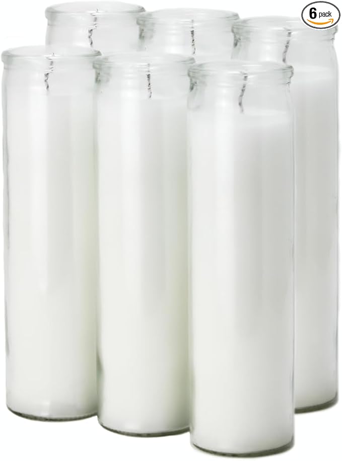 7 Day White Candles, 6 Pack of Unscented Devotional Candle in Clear Glass Jars, Long-Lasting Burn for Vigils, Prayer, Memorials, Meditation, Religious Catholic, Veladoras Blancas