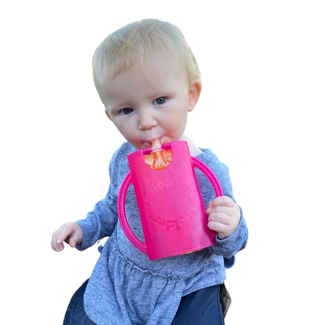 Flipping Holder Squeeze Proof Food Pouch Holder for Toddlers, Babies, Kids, Mess Free No Squeeze Juice Box Drink and Applesauce Snack Holder with Easy Grip Handles and Lid