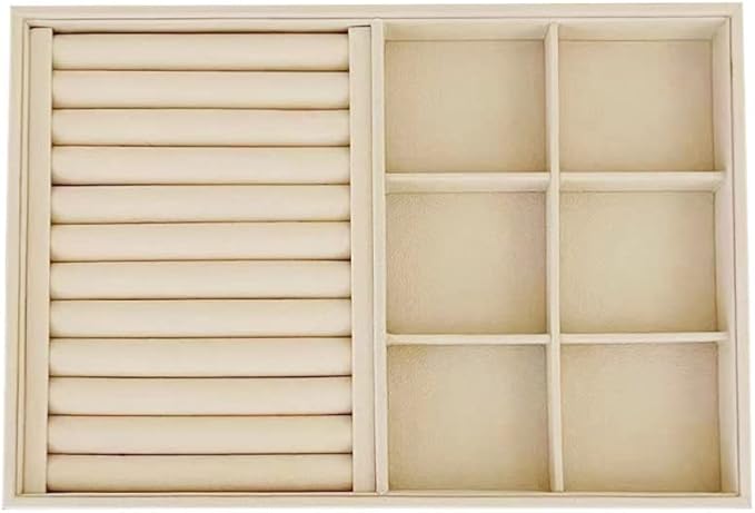 Large Beige Premium Quality Velvet Jewelry Display Box Tray Stackable Practical Trade Show Home Store 6 Grid and Ring