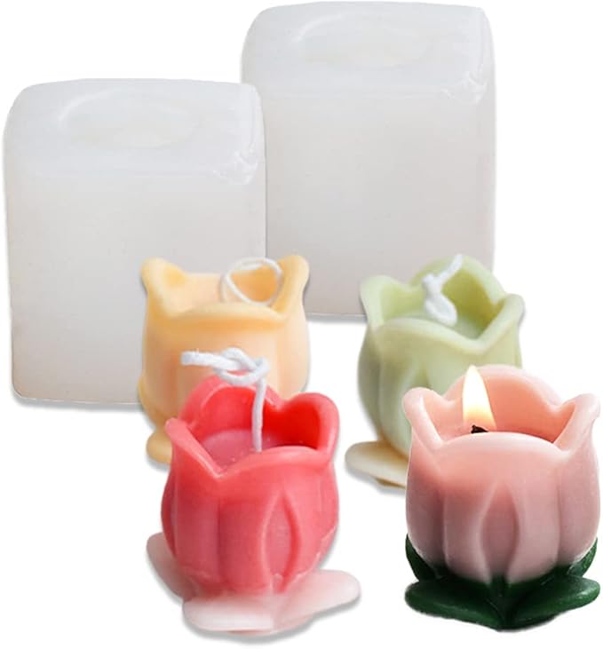 Cestony 2Pcs 3D Tulip with Leaves Candle Silicone Molds for Making Candle Resin Pillar Aromatherapy Gypsum Candles Wax Soap Flower Specimen Clay Craft