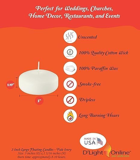 D'light Online Floating Candles Bulk Pack for Events, Weddings, Spa, Home Decor, Special Occasions and Holiday Decorations (Large - 3" (Set of 12), Pale Ivory)