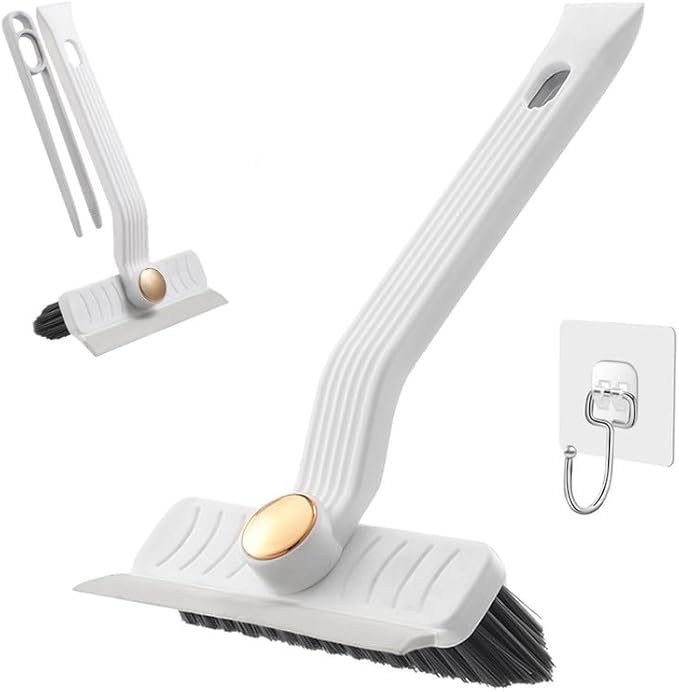 Multi-Function Rotating Crevice Cleaning Brush with Scraper, 360 Degree Rotating No Dead Corners Hard Bristle Crevice Gap Brush Tool for Bathroom Household Kitchen (White)