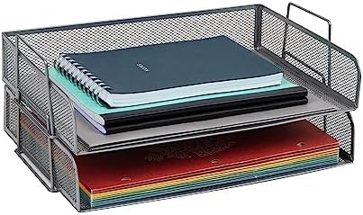 Mind Reader Stackable Paper Tray, Desktop Organizer, File Storage, Office, Metal Mesh, 13.25" L x 9.75" W x 6.25" H, 2 Pcs., Silver (Pack of 8)