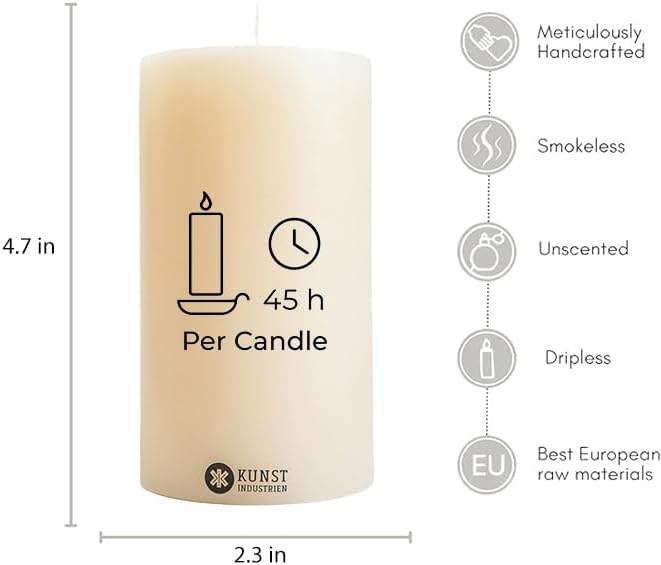 Pillar Candles, Handmade in Europe, 6 Pack – RSPO Certified, Dripless & Smokeless Velas, Long Burning Candles 45 Hours per Large Candle, Unscented Candle Set (6 pcs, Ø 2.4 in x H 4.7 in, Off-White)