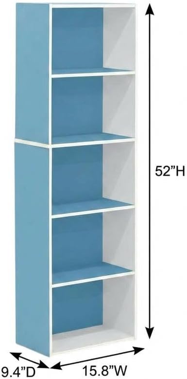 Furnifact White and Light Blue 5-Tier Reversible Open Shelf Bookcase, Durable, Spacious Storage, Versatile for Living Room or Office
