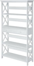 Furnifact White 5 Tier Bookcase with Drawer, Durable Particle Board, Non-Lead Base Paint Finish, Spacious Shelves, Modern Home Office Storage