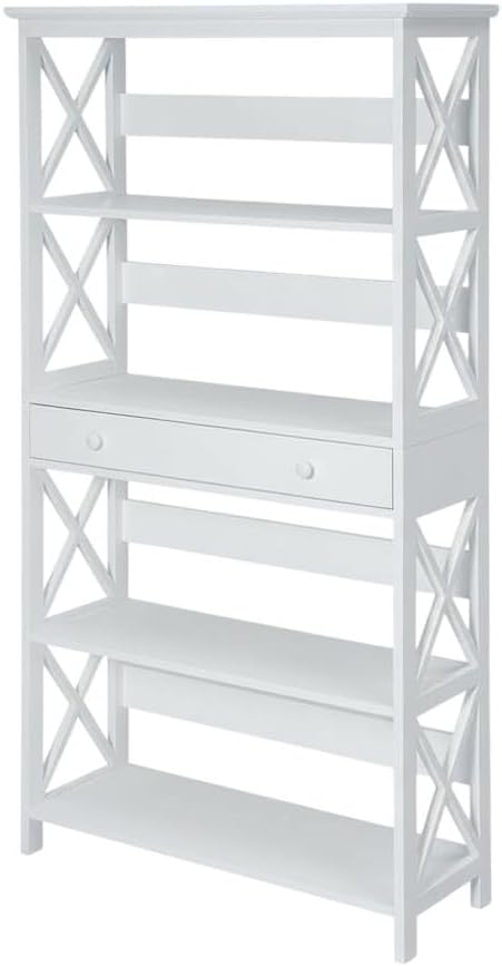 Furnifact White 5 Tier Bookcase with Drawer, Durable Particle Board, Non-Lead Base Paint Finish, Spacious Shelves, Modern Home Office Storage