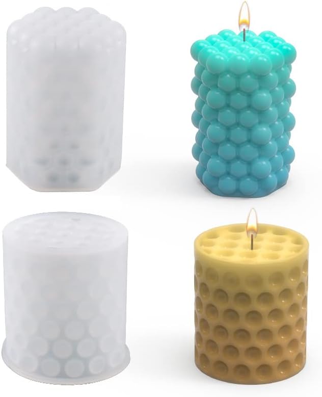 2Pcs 3D Bubble Candle Molds, Silicone Cylinder & Cube Molds for DIY Candle & Soap Craft Making