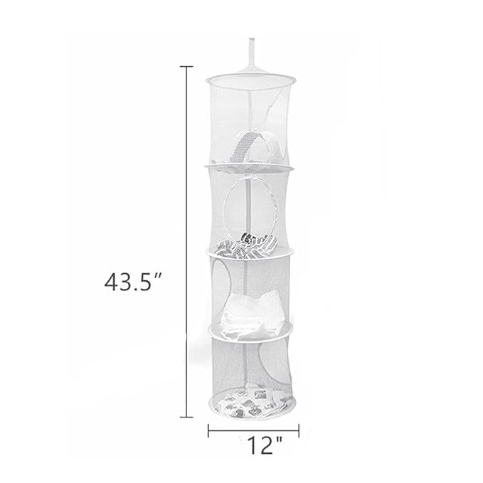 2 Pcs 4 Tier Foldable Hanging Mesh Storage Basket with 2 Hooks,43.5 x12” Space Saving Toy Organizer 4 Compartments Organizer for Corner Organizer Storage Net,Bathroom Balcony Wardrobe,Travel,Gray