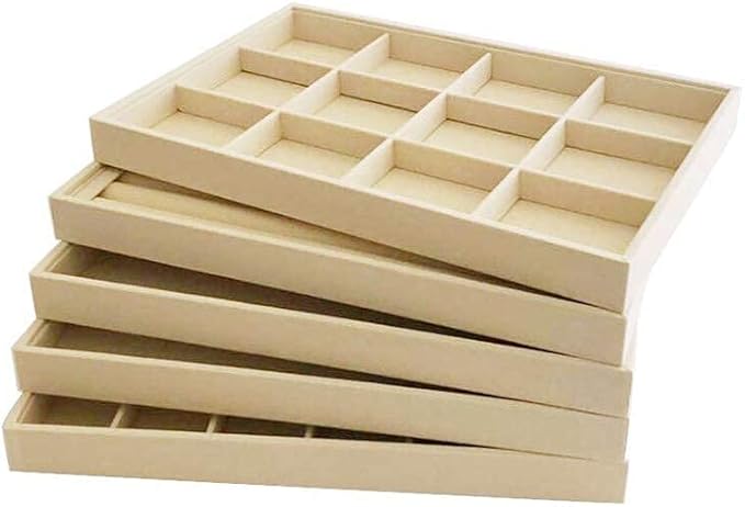 Premium Grade Beige Velvet Jewelry Organize Display Tray for Earrings Stackable Storage Neutral Color Store Trade Show Gallery Home Use Drawer Divider