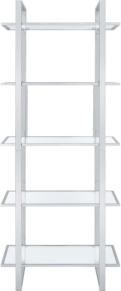 Contemporary Five-Tier Bookcase with Clear Glass Shelves in Polished Chrome by FurniFact