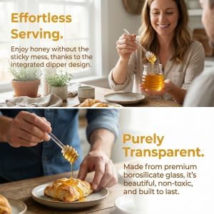 Lawei Glass Honey Jar with Dipper and Lid, 10 OZ Heat-Resistant Bee Hives Honey Pot, Clear Glass Honey Container for Store Honey and Syrup, Home and Kitchen, Easy to Clean, Dishwasher Safe