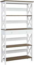 Furnifact Driftwood White 5-Tier Bookcase with Drawer, Durable MDF and Particle Board Construction, Melamine Finish, Stylish Storage Solution