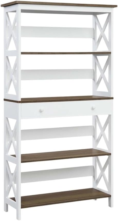 Furnifact Driftwood White 5-Tier Bookcase with Drawer, Durable MDF and Particle Board Construction, Melamine Finish, Stylish Storage Solution