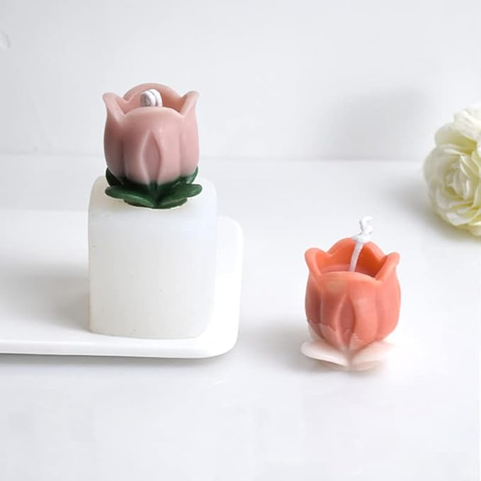 Cestony 2Pcs 3D Tulip with Leaves Candle Silicone Molds for Making Candle Resin Pillar Aromatherapy Gypsum Candles Wax Soap Flower Specimen Clay Craft