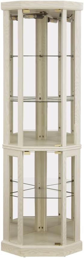 Corner Lighted Glass Curio Cabinet for Living Room Space Saving Vertical Tall Display Case with Light for Antique Wine Bar Glass Storage (Antique White)
