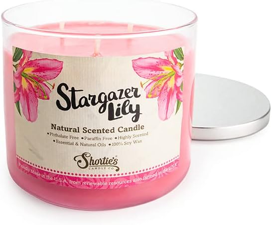 Stargazer Lily Highly Scented Natural 3 Wick Candle, Essential Fragrance Oils, 100% Soy, Phthalate & Paraben Free, Clean Burning, 14.5 Oz.