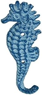 Handcrafted Nautical Decor Rustic Light Blue Whitewashed Cast Iron Seahorse Hook 7" - Rustic Wall Art - Na