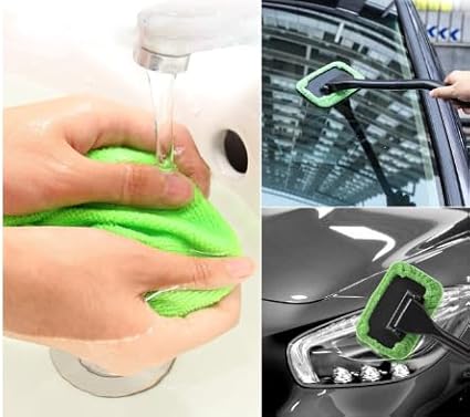 IBHOO Windshield Cleaning Tool, Microfiber Car Window Cleaner with 4 Reusable and Washable Microfiber Pads and Extendable Handle