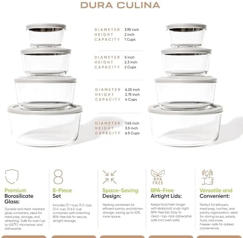 DURA LIVING 16-Piece Glass Food Storage Containers Set (8 Containers + 8 Lids) | Round, Nesting, Microwave & Dishwasher Safe | BPA-Free, Space-Saving | Grey Lids for Pantry & Kitchen Organization