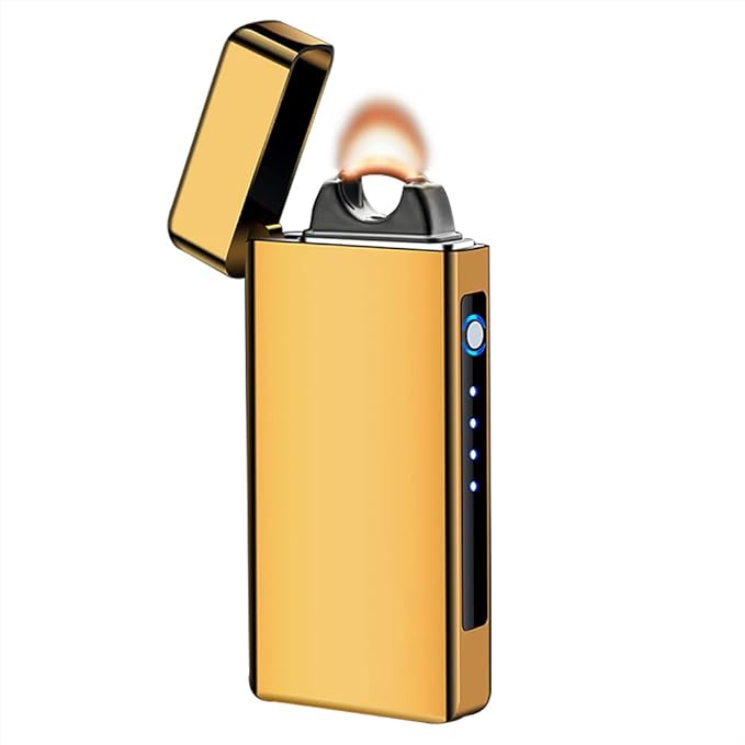 YOZWOO Electric Lighter Rechargeable, High Power Flame Arc Lighter, USB Lighters with LED Battery Indicator, Windproof Electronic Lighters for Candle Camping with Gift Box (Gold)