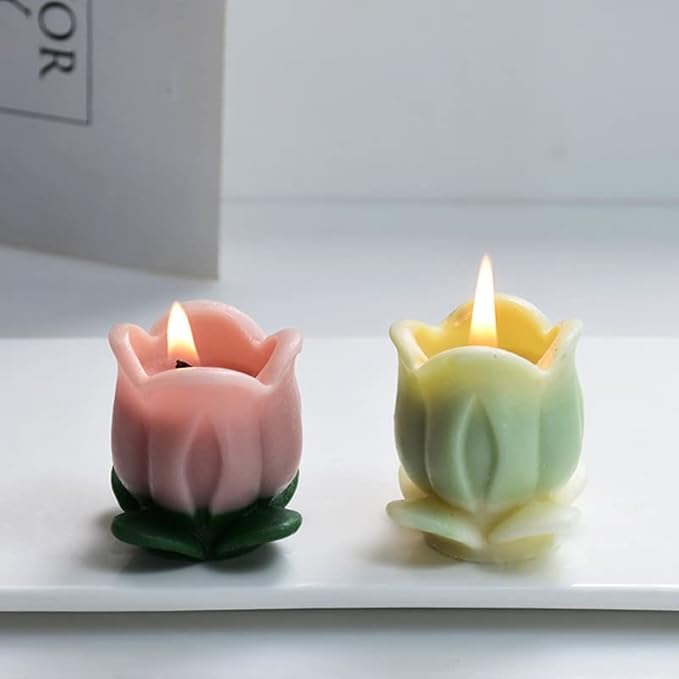 Cestony 2Pcs 3D Tulip with Leaves Candle Silicone Molds for Making Candle Resin Pillar Aromatherapy Gypsum Candles Wax Soap Flower Specimen Clay Craft