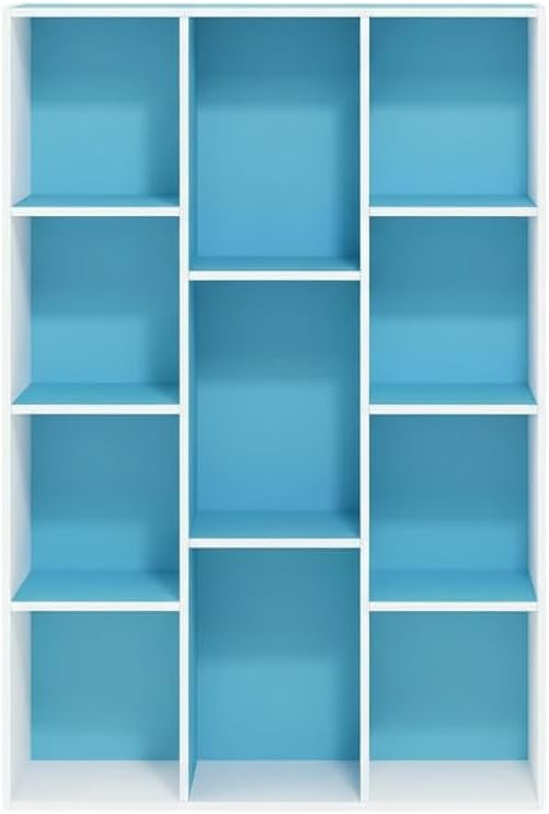 Furnifact White Light Blue 11-Cube Reversible Open Shelf Bookcase, Durable Wood Construction, Versatile Storage Solution, Modern Design