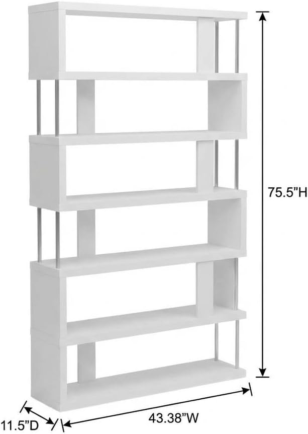 Furnifact White Six-Shelf Modern Bookcase with Engineered Wood, Transitional Style, Durable Construction, Spacious Storage for Living Room or Office