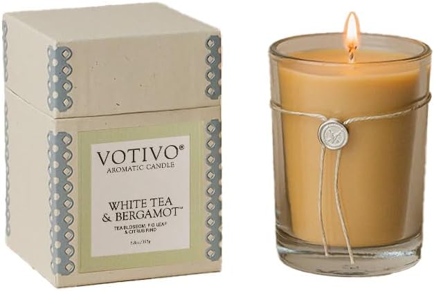 Votivo White Tea & Bergamot 6.8 oz Aromatic Candle | Soy Wax Blend | Luxury Glass Jar Scented Candle & Box | Candles Gifts | Long Burning & Highly Scented