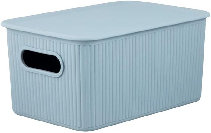 Superio Ribbed Collection - Decorative Plastic Basket Open Home Storage Bins Organizer, Blue Container Boxes for Organizing Closet Storage Bins for Shelves (Bin with Lid- Medium (5 Liter), 1 Pack)