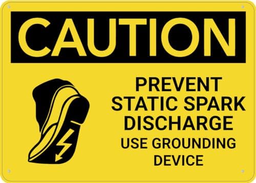 Caution Prevent Static Spark Discharge Use Grounding Devices With Graphic Sign Signs Outdoor, Uv Printed Aluminum 12 X 8 In, Weatherproof And Security Signs For Home Or Business